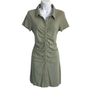 Love Tree Women’s L Sage Green SS Button Front Ruched Ribbed Bodycon Dress EUC